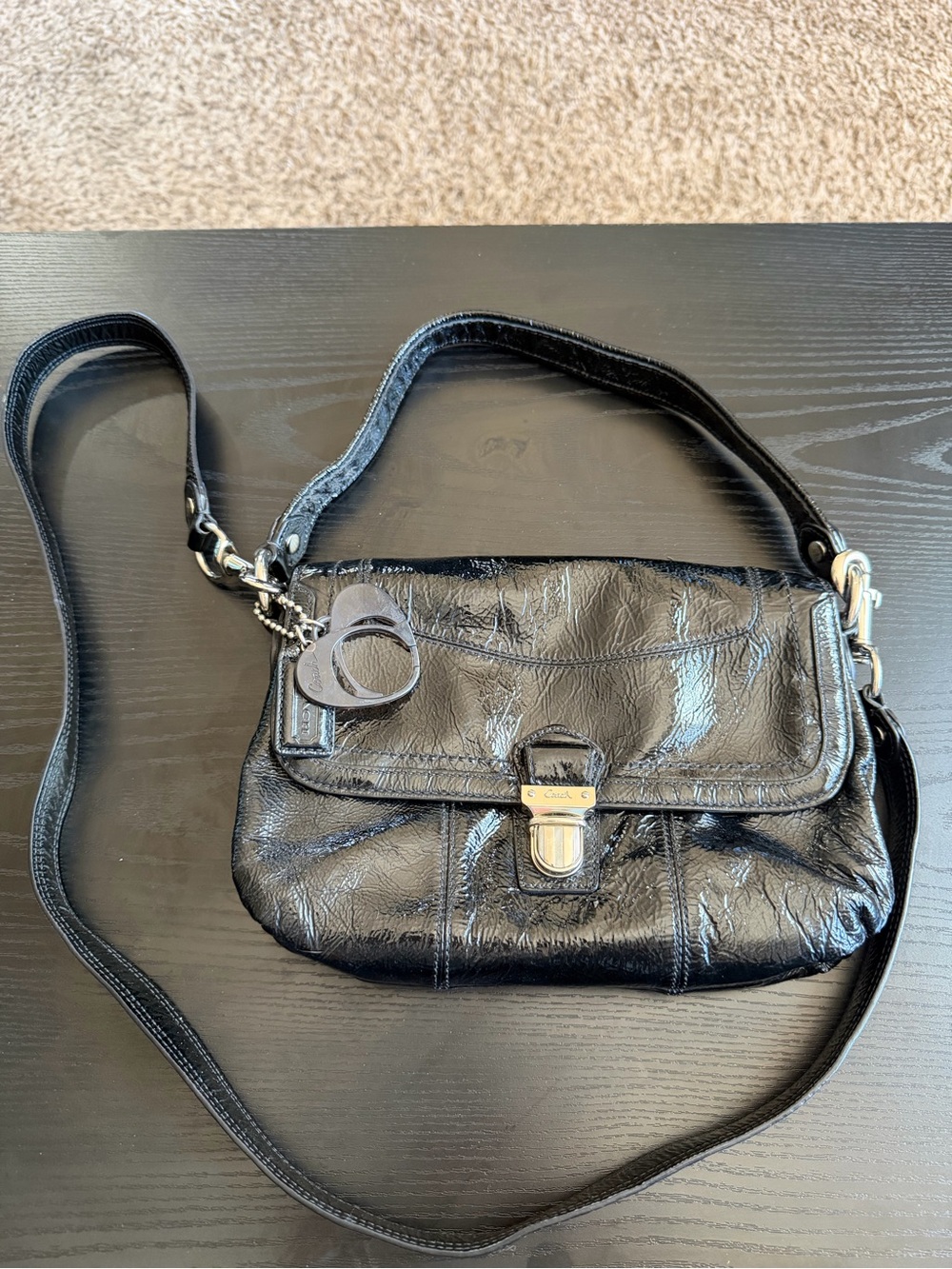 Black Patent Leather Coach Poppy Shoulder Bag with Silver Hardware and Crossbody